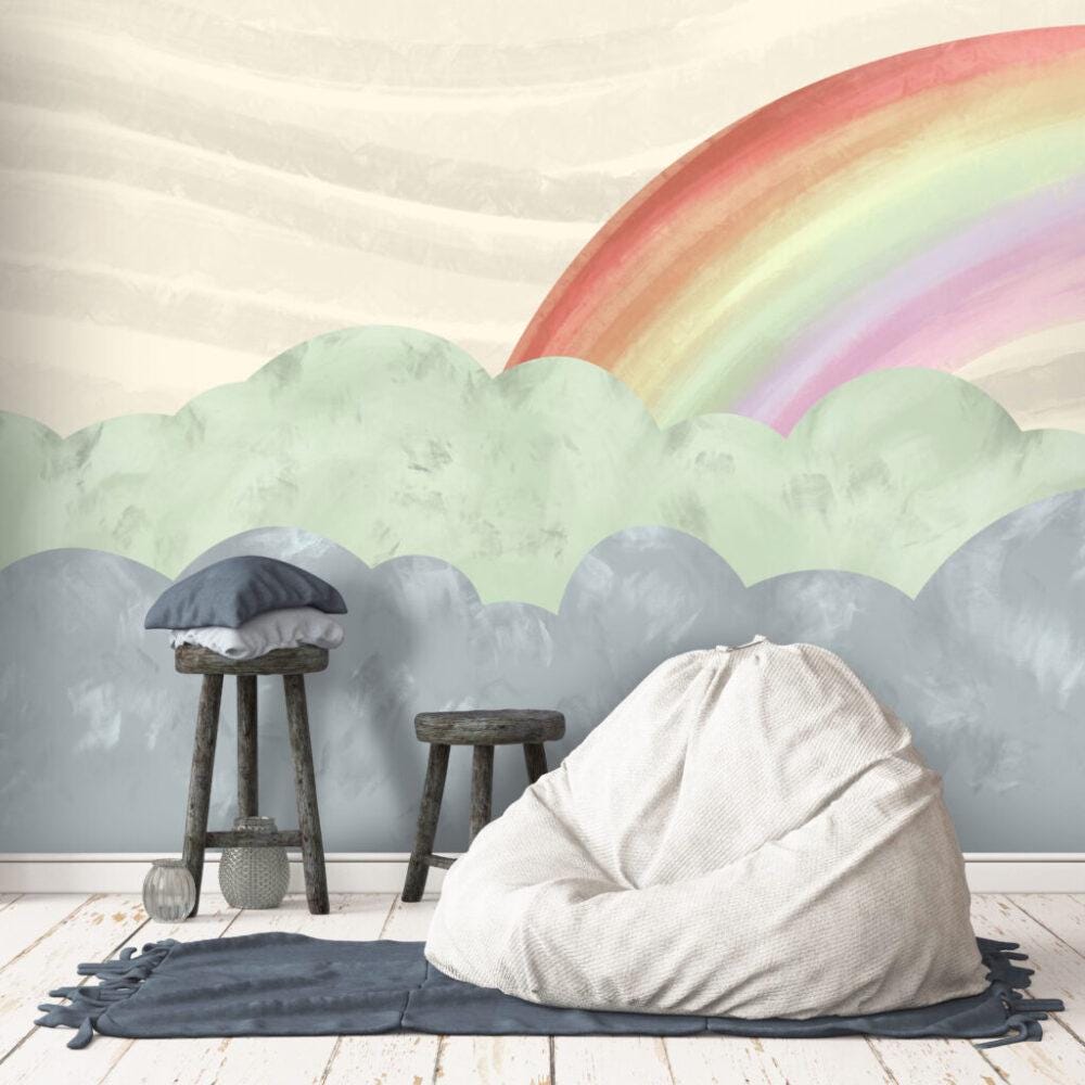 Rainbow and Cloud Pattern Wallpaper For Kidsroom, Watercolor Wallpaper Nursery, Childrens Wallpaper, Illustration Wallpaper, Baby Wallpaper