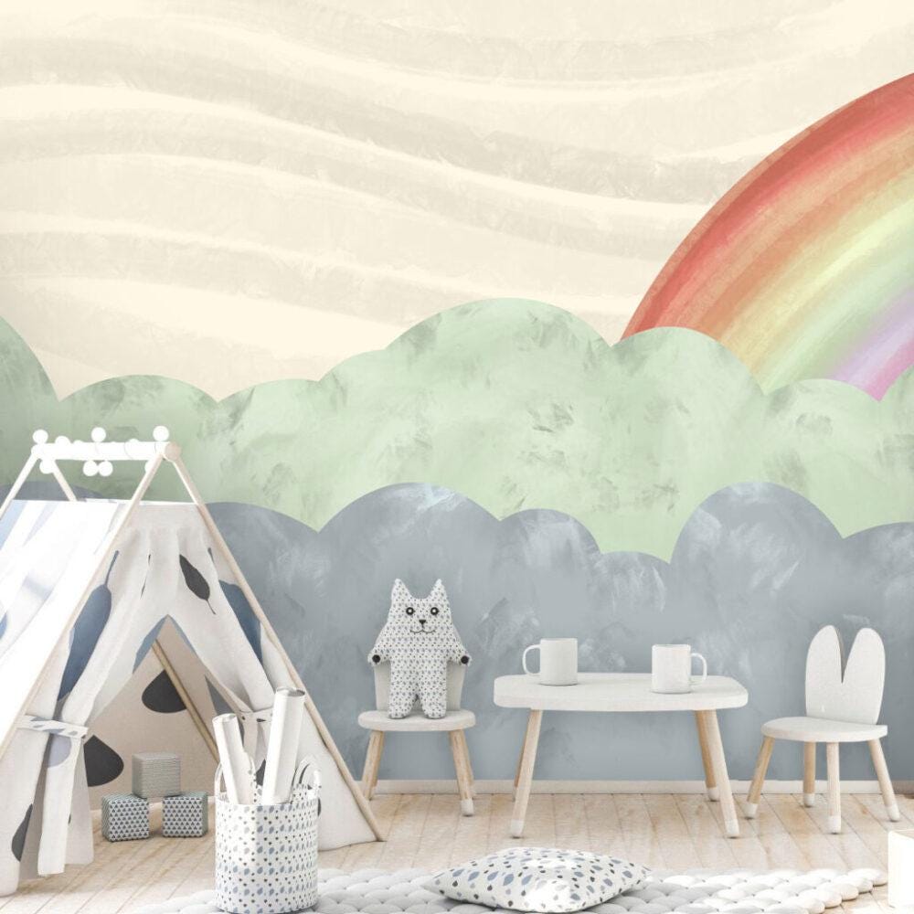Rainbow and Cloud Pattern Wallpaper For Kidsroom, Watercolor Wallpaper Nursery, Childrens Wallpaper, Illustration Wallpaper, Baby Wallpaper