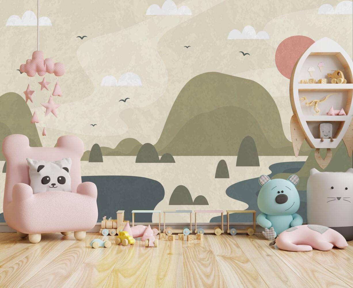 Illustration Lake and Mountain View Children's Wallpaper, 3D Children Wallpaper, Nature Themed Wallpaper Nursery, Watercolor Kid's Mural