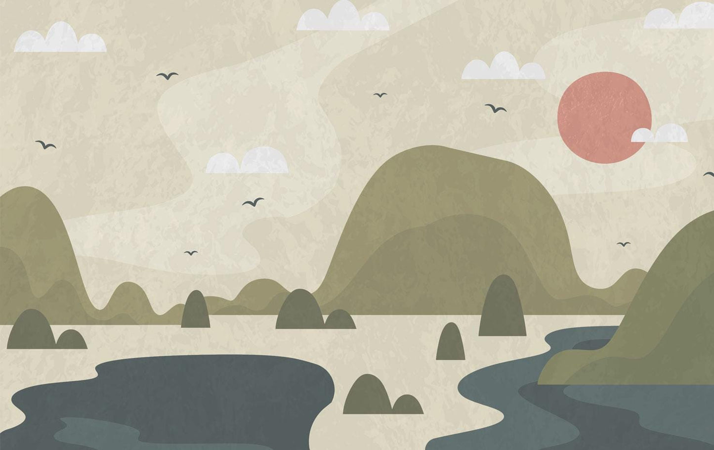 Illustration Lake and Mountain View Children's Wallpaper, 3D Children Wallpaper, Nature Themed Wallpaper Nursery, Watercolor Kid's Mural