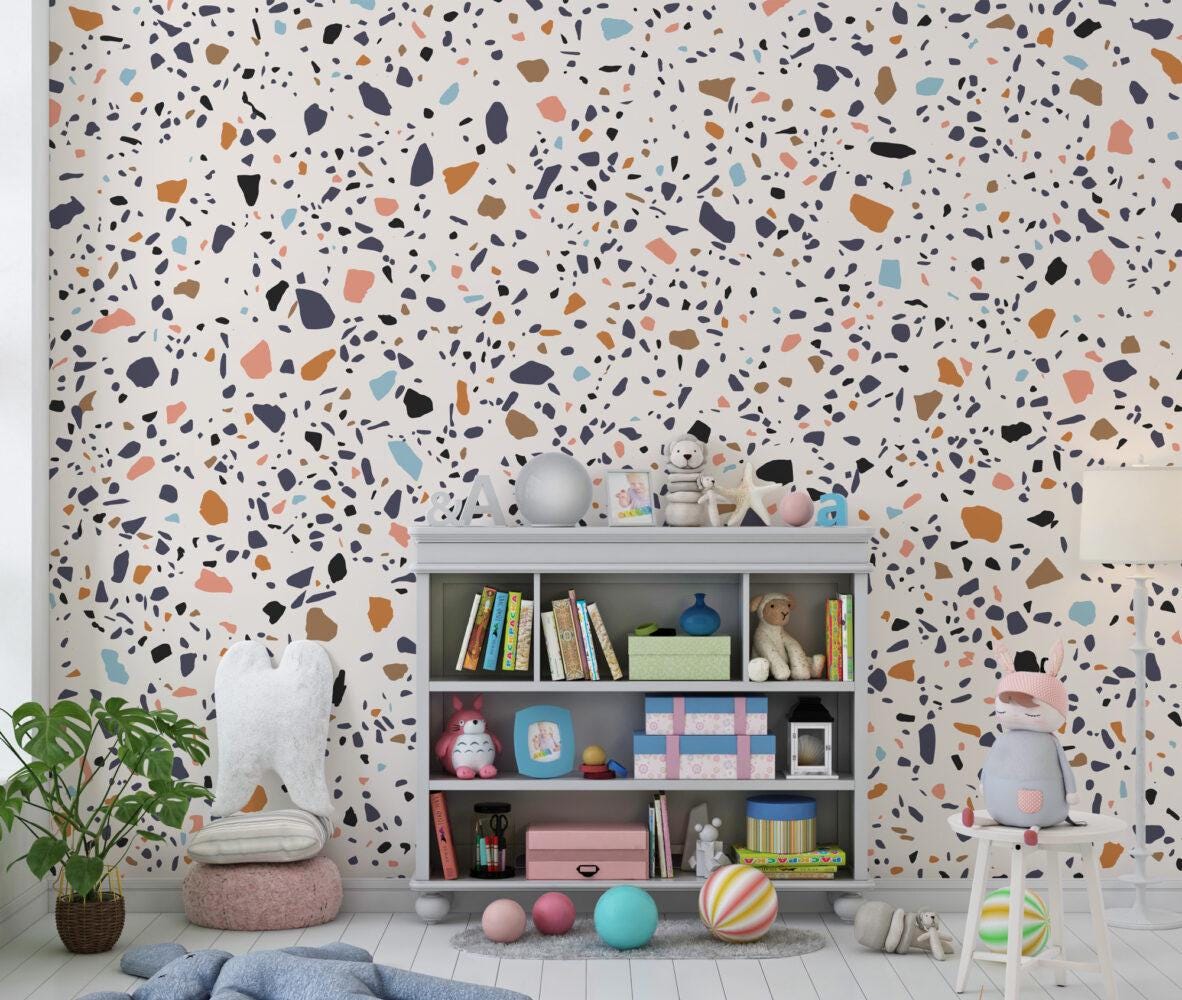 Small Colored Stone Patterns Kids Wallpaper on a White Background, Child Wallpaper, Bright Wallpaper Nursery, Colourful Baby Room Wallpaper