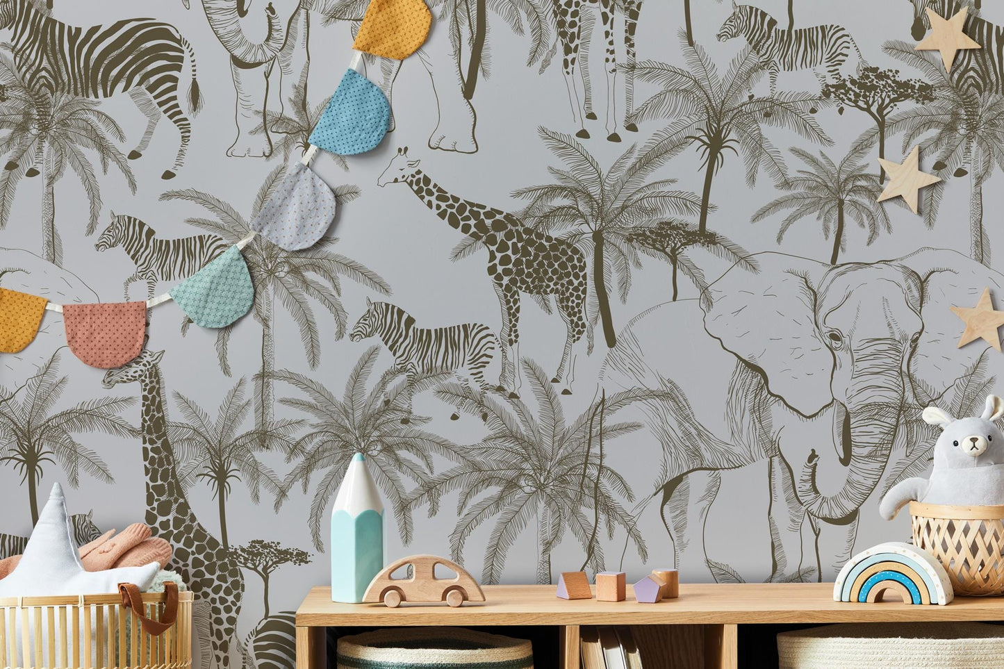 Minimalist Safari Kids Wallpaper, Elephant Giraffe Zebra Wallpaper, Jungle Animals Wallpaper Nursery, Baby Wallpaper, Beige Wallpaper