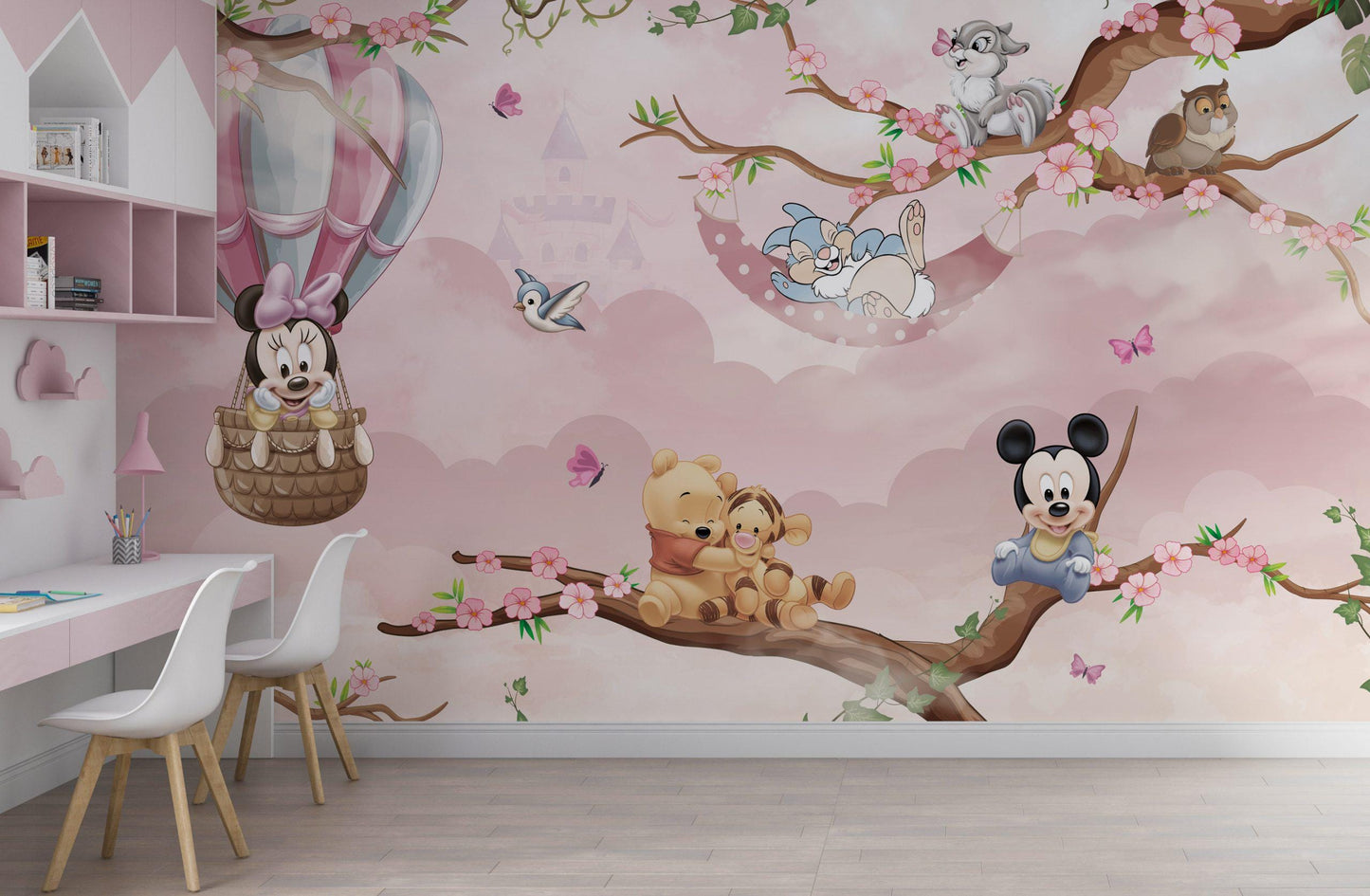 Minnie Mouse and Winnie The Pooh Wallpaper For Kidsroom, Cute Animals Wallpaper Nursery, Childrens Wallpaper, Pink Baby Girl Wallpaper