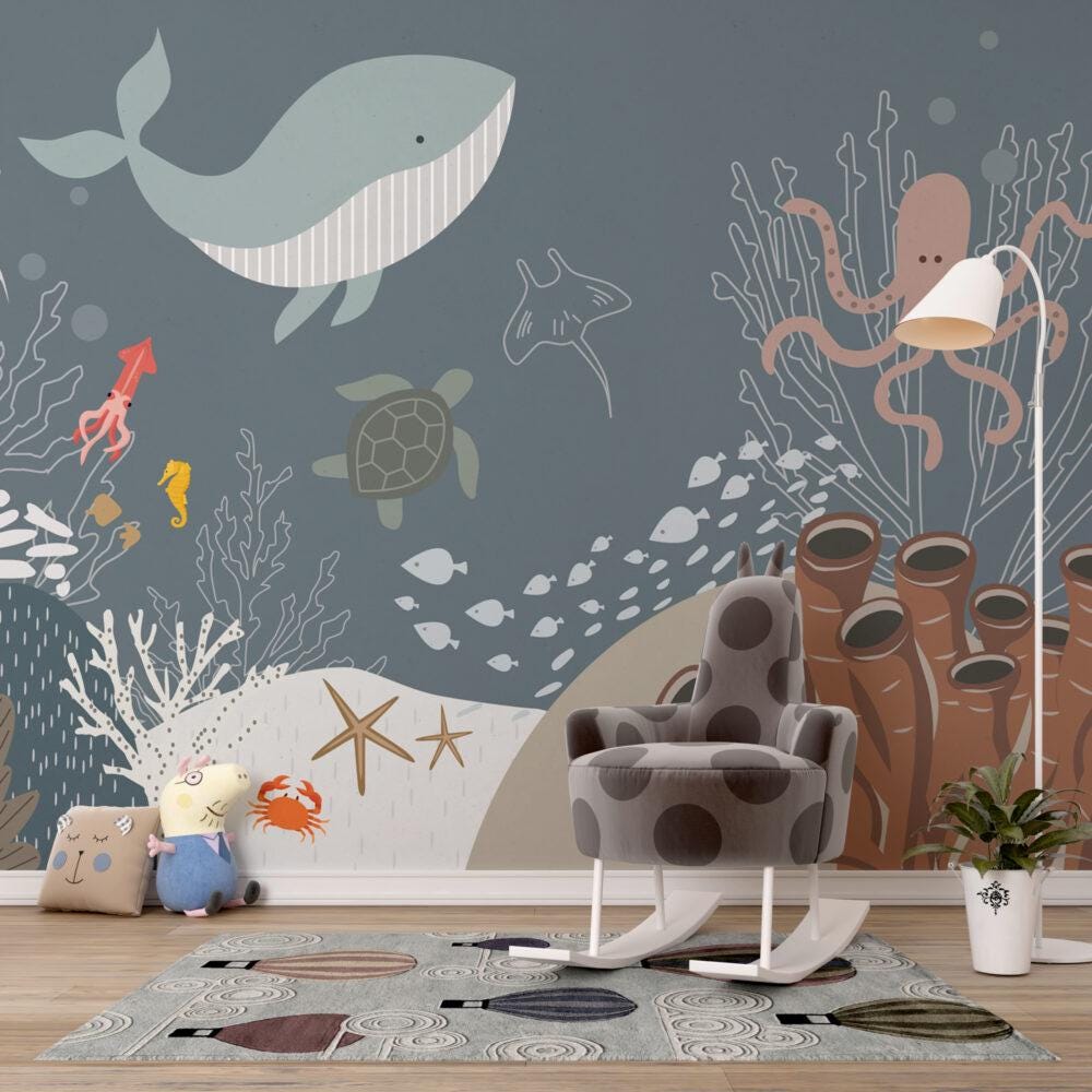 Fishes in the Ocean Kids Wallpaper, Underwater Wallpaper For Kidsroom, Sea Wallpaper Nursery, Blue Whale Peel and Stick Childrens Wallpaper