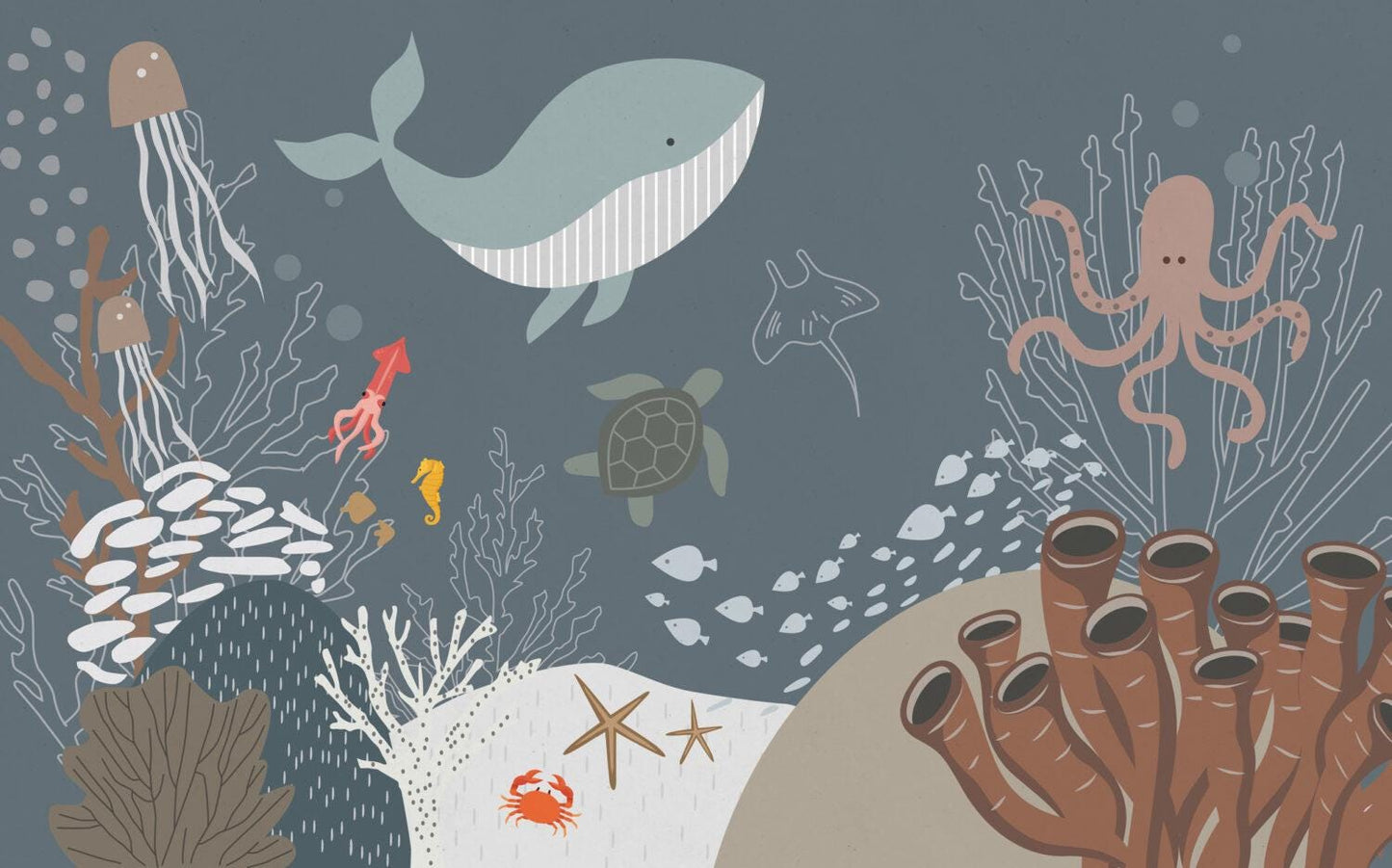 Fishes in the Ocean Kids Wallpaper, Underwater Wallpaper For Kidsroom, Sea Wallpaper Nursery, Blue Whale Peel and Stick Childrens Wallpaper