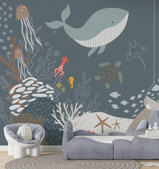 Fishes in the Ocean Kids Wallpaper, Underwater Wallpaper For Kidsroom, Sea Wallpaper Nursery, Blue Whale Peel and Stick Childrens Wallpaper