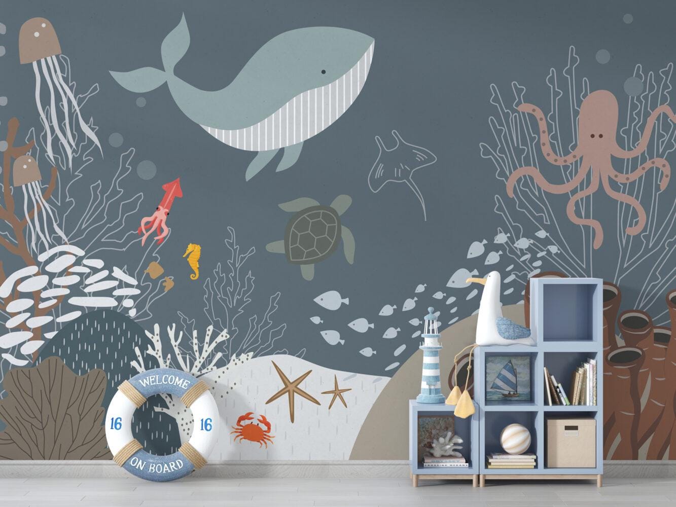 Fishes in the Ocean Kids Wallpaper, Underwater Wallpaper For Kidsroom, Sea Wallpaper Nursery, Blue Whale Peel and Stick Childrens Wallpaper