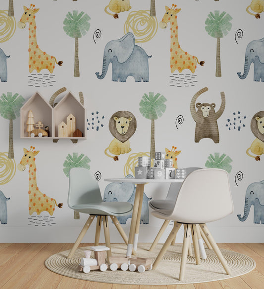 Minimalist Safari Animals Watercolor Wallpaper, Illustration Wallpaper Nursery, Art Child Wallpaper, Colorful Peel and Stick Baby Wallpaper