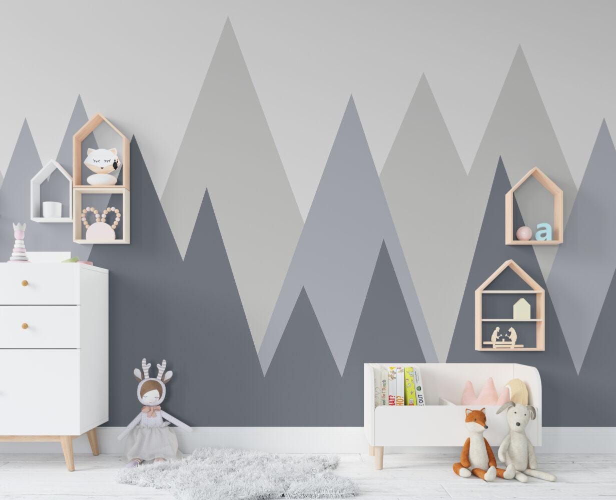 Mountain Figures in Blue Gray Tones Children's Wallpaper, Illustration Mountain Wallpaper, Fun Child Wallpaper, Watercolor Wallpaper Nursery