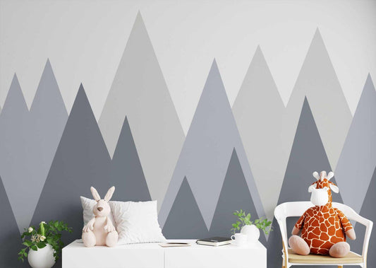 Mountain Figures in Blue Gray Tones Children's Wallpaper, Illustration Mountain Wallpaper, Fun Child Wallpaper, Watercolor Wallpaper Nursery