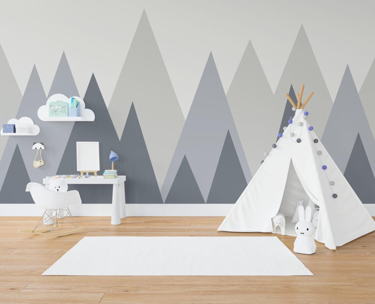 Mountain Figures in Blue Gray Tones Children's Wallpaper, Illustration Mountain Wallpaper, Fun Child Wallpaper, Watercolor Wallpaper Nursery