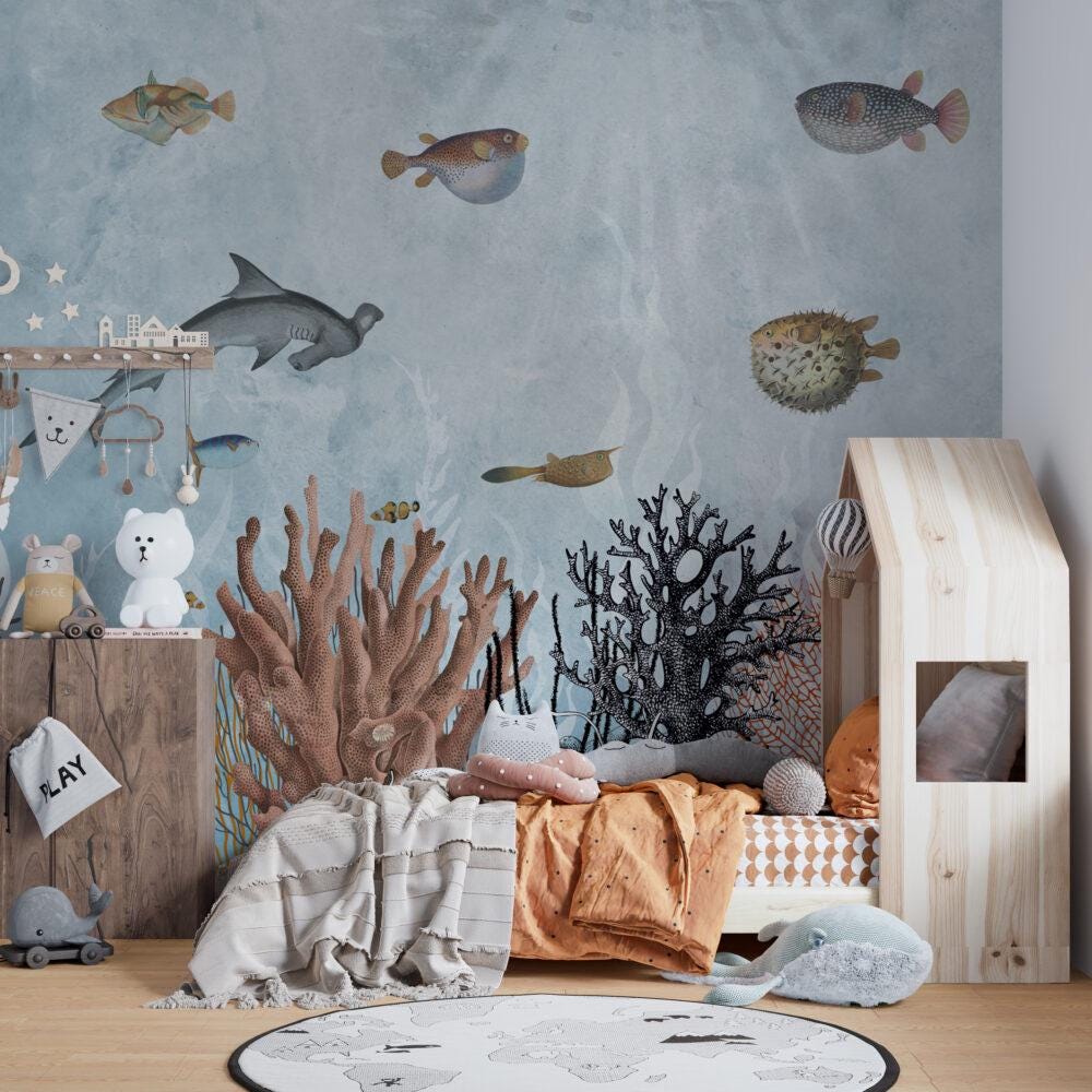 Fish And Sea Plants Wallpaper, Underwater Wallpaper For Kidsroom, Sea Wallpaper Nursery, Blue Childrens Wallpaper, Peel and Stick Wallpaper