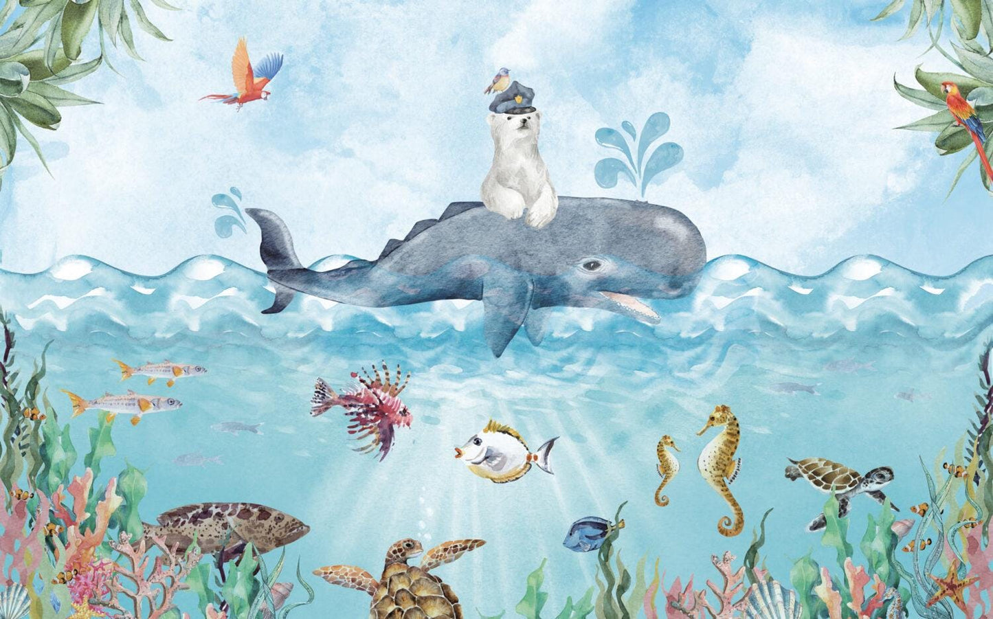 Polar Bear And Whale Wallpaper, Underwater Wallpaper For Kidsroom, Sea Wallpaper Nursery, Blue Childrens Wallpaper, Peel and Stick Wallpaper