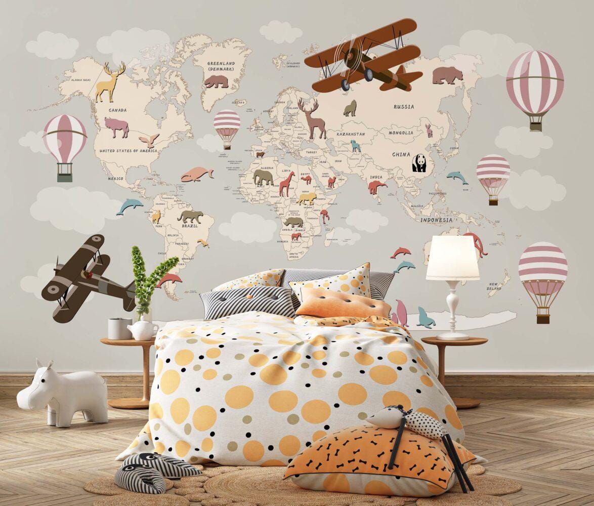 World Map Wallpaper with Airplane and Balloons, Children Wallpaper , Peel and Stick Wallpaper Nursery, Baby Mural, World Animals Wallpaper