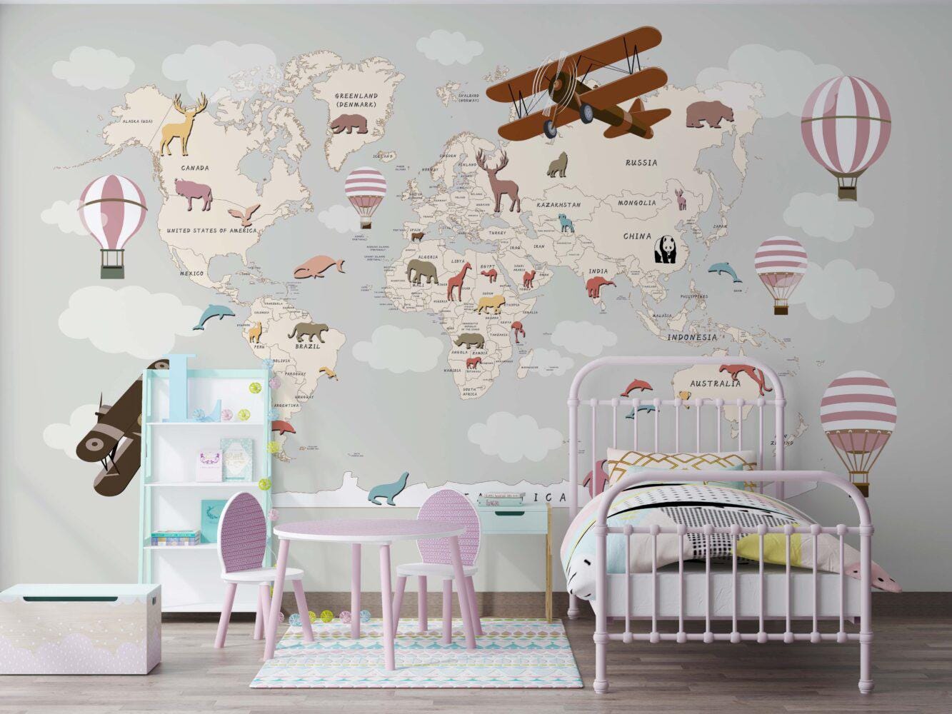 World Map Wallpaper with Airplane and Balloons, Children Wallpaper , Peel and Stick Wallpaper Nursery, Baby Mural, World Animals Wallpaper