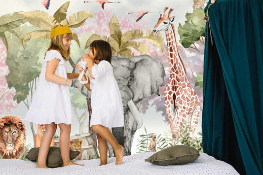 Safari Animals Tropical Wallpaper in Vivid Colors For Kidsroom, Childrens and Baby Wallpaper, Wall Mural Nursery, Wild Jungle Wallpaper
