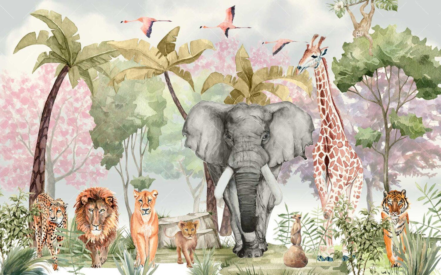 Safari Animals Tropical Wallpaper in Vivid Colors For Kidsroom, Childrens and Baby Wallpaper, Wall Mural Nursery, Wild Jungle Wallpaper
