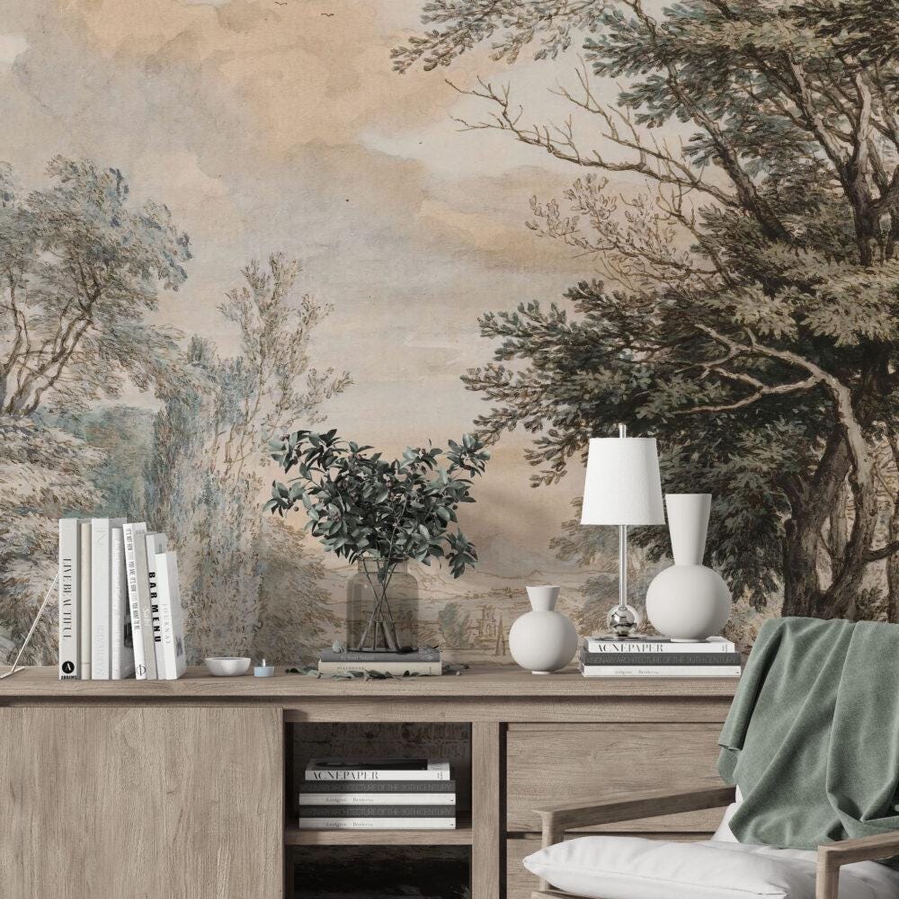 Ancient Rome Wallpaper, Bohemian Wallpaper, Trees Mural Peel and Stick Wallpaper, Antique Wallpaper, Nostalgic Wallpaper, Drawwing Wallpaper