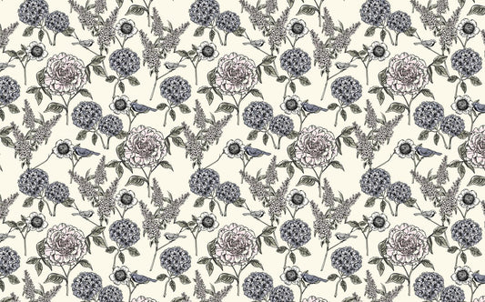 Hydrangea Flowers and Birds Wallpaper, Floral Wallpaper, Romantic Wall Mural, Peel and Stick Wallpaper, Drawing Wallpaper