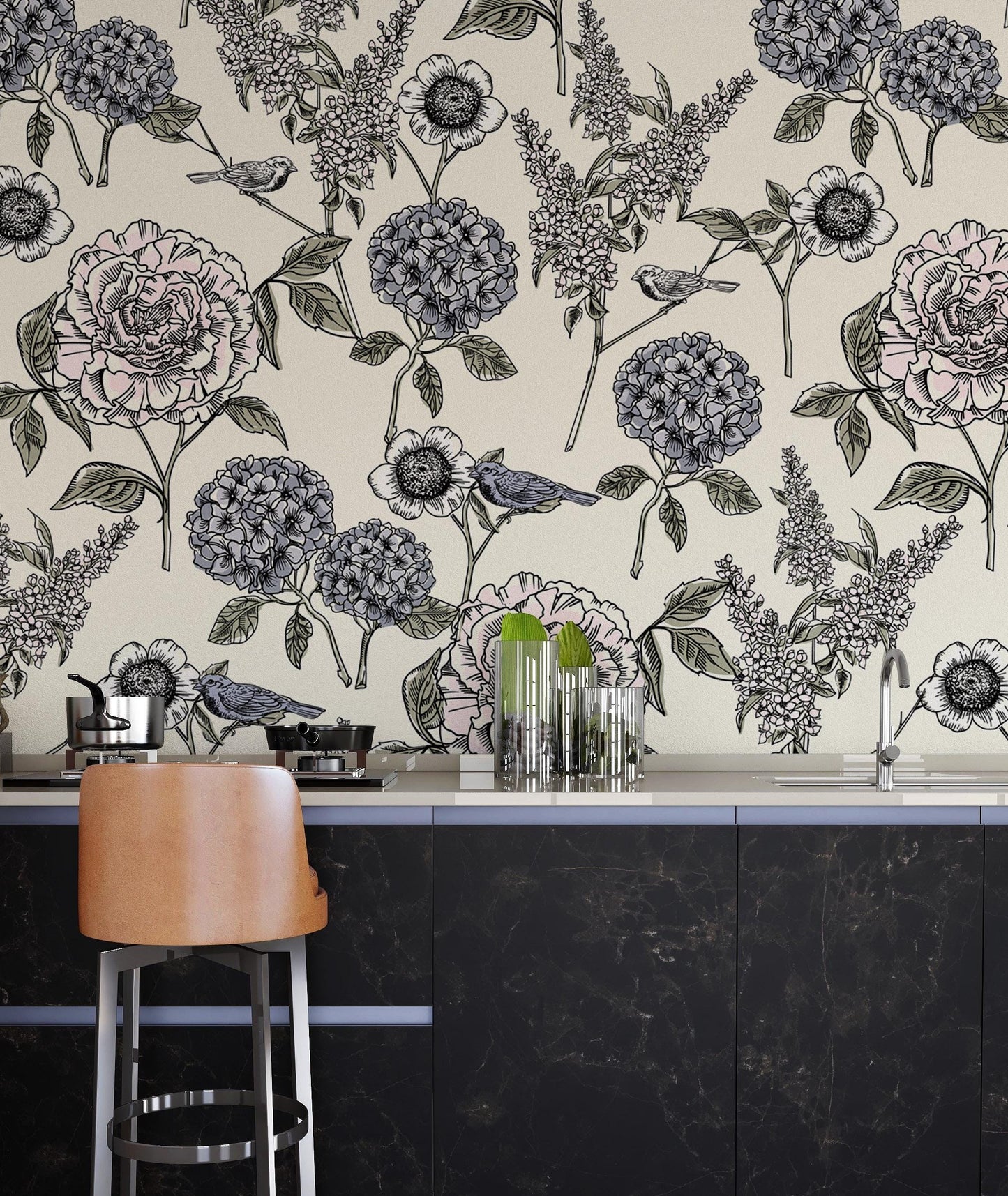 Hydrangea Flowers and Birds Wallpaper, Floral Wallpaper, Romantic Wall Mural, Peel and Stick Wallpaper, Drawing Wallpaper