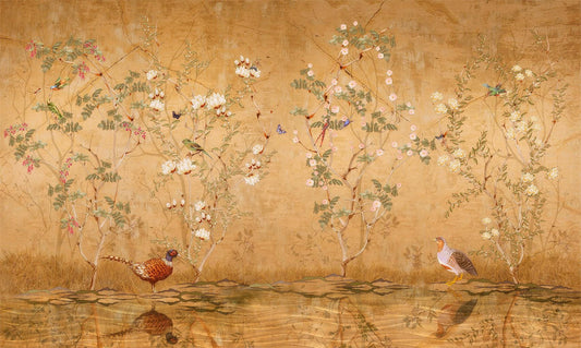 Rose Garden and Nightingale Birds Wallpaper, Floral Wallpaper, Romantic Golden Wall Mural, Peel and Stick Wallpaper, Drawing Wallpaper