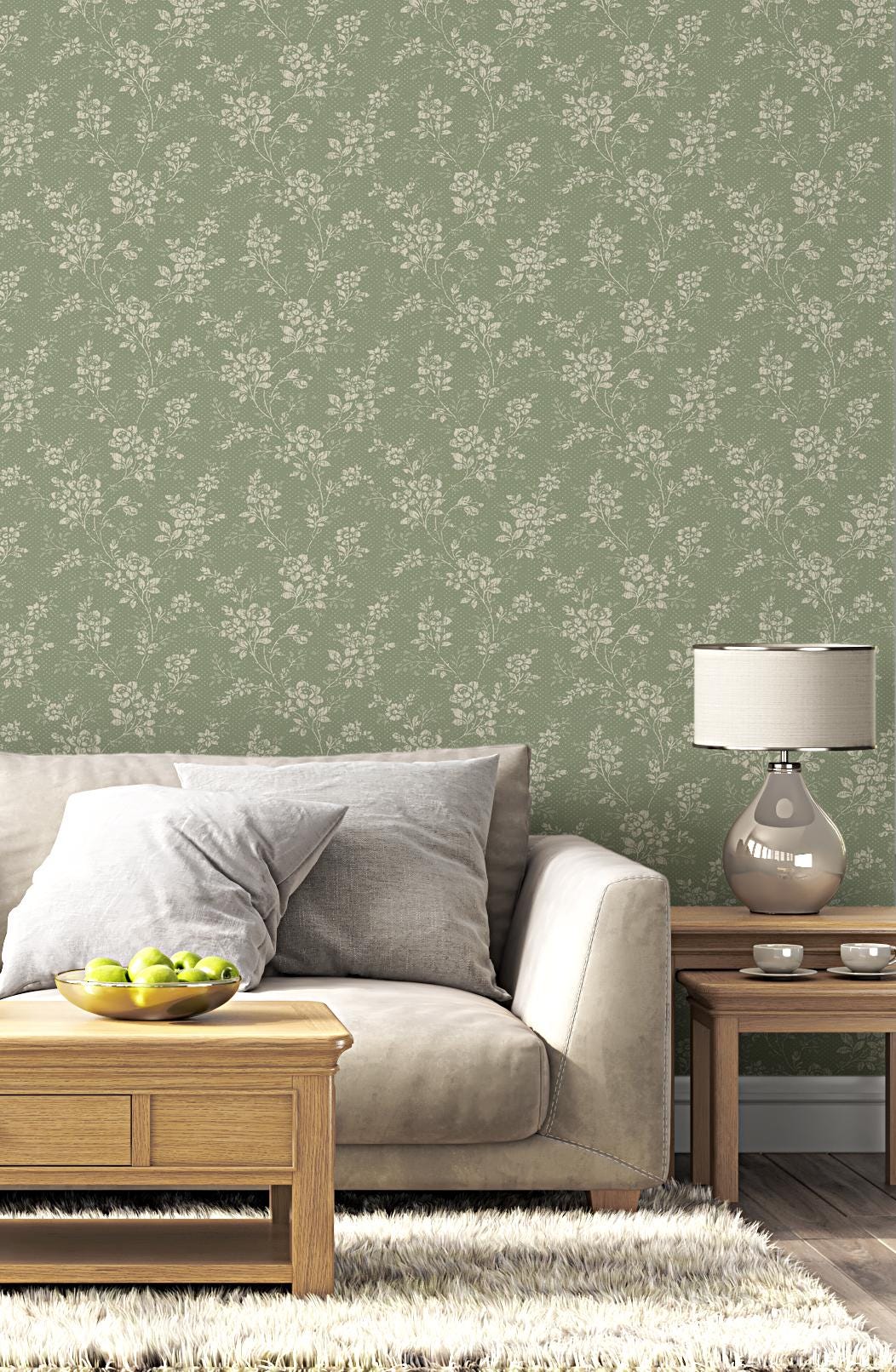 Vintage Wallpaper with Rose Pattern on Green Background, Floral Wallpaper, Romantic Wall Mural, Peel and Stick Wallpaper, Drawing Wallpaper