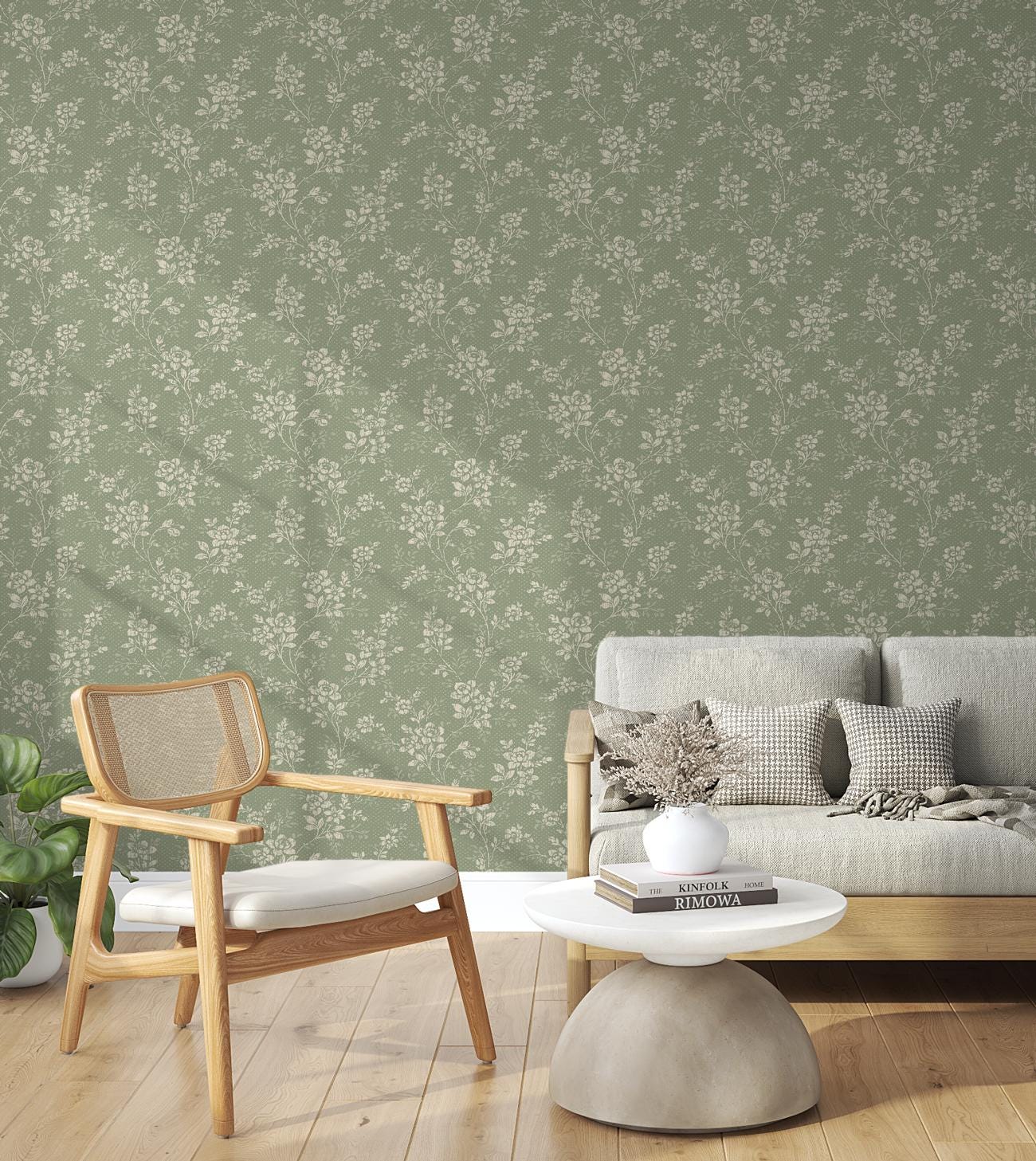 Vintage Wallpaper with Rose Pattern on Green Background, Floral Wallpaper, Romantic Wall Mural, Peel and Stick Wallpaper, Drawing Wallpaper
