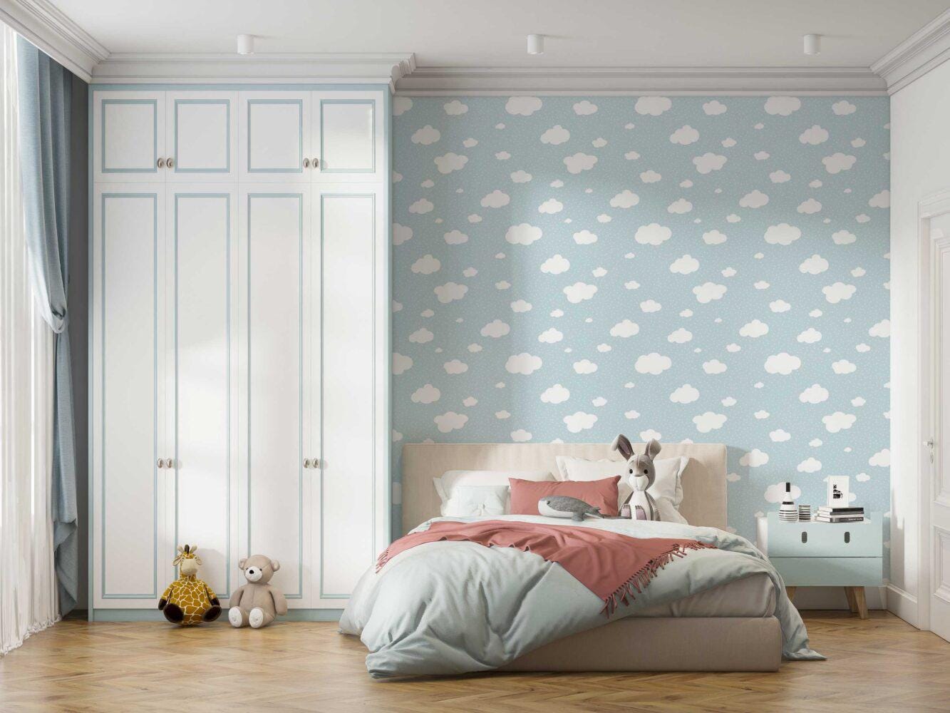 Tiny Clouds Wallpaper For Kidsroom, Watercolor Wallpaper Nursery, Blue Child Wallpaper, Illustration Sky Wallpaper, Baby Boy Wallpaper