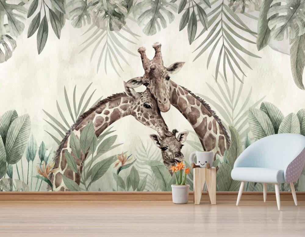 Giraffe Family Kids Wallpaper, Minimalist Safari Kids Wallpaper, Jungle Animals Wallpaper Nursery, Baby Wallpaper, Green Leaves Wallpaper