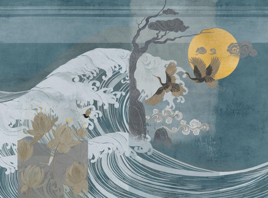 Blue Vintage Special Design 3D Wallpaper, Illustration Sea and Crane Birds Collage Wallpaper, Blue Wallpaper, Abstract Pattern Wallpaper