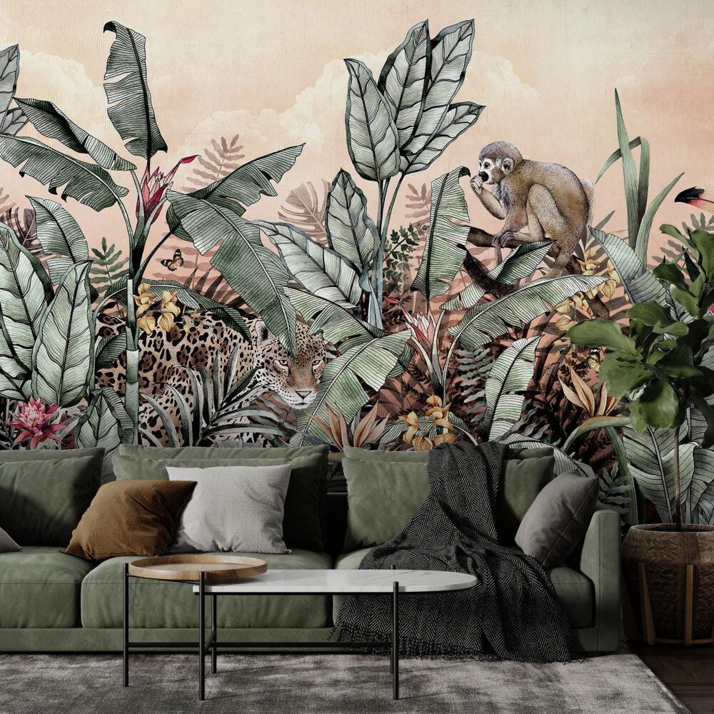 Tropical Pattern 3D Wallpaper with Monkeys, Exotic Plant Floral Wallpaper, Leaves Bohemian Wallpaper, Botany Mural, Bathroom Wallpaper