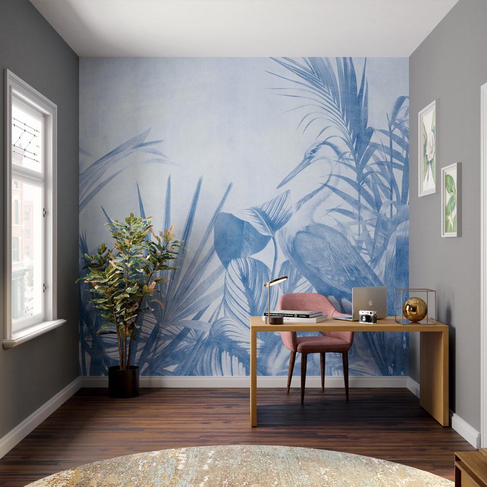 Blue Tone Tropical and Bird Wallpaper, 3D Wallpaper, Exotic Plant Floral Wallpaper, Palm Leaves Bohemian Wallpaper, Botany Wallpaper