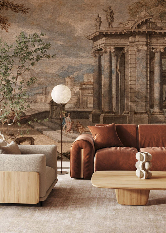 Harbor View in Ancient Rome Wallpaper, Bohemian Peel and Stick Wallpaper, Antique Wallpaper, Nostalgic Wallpaper, Drawwing Wallpaper