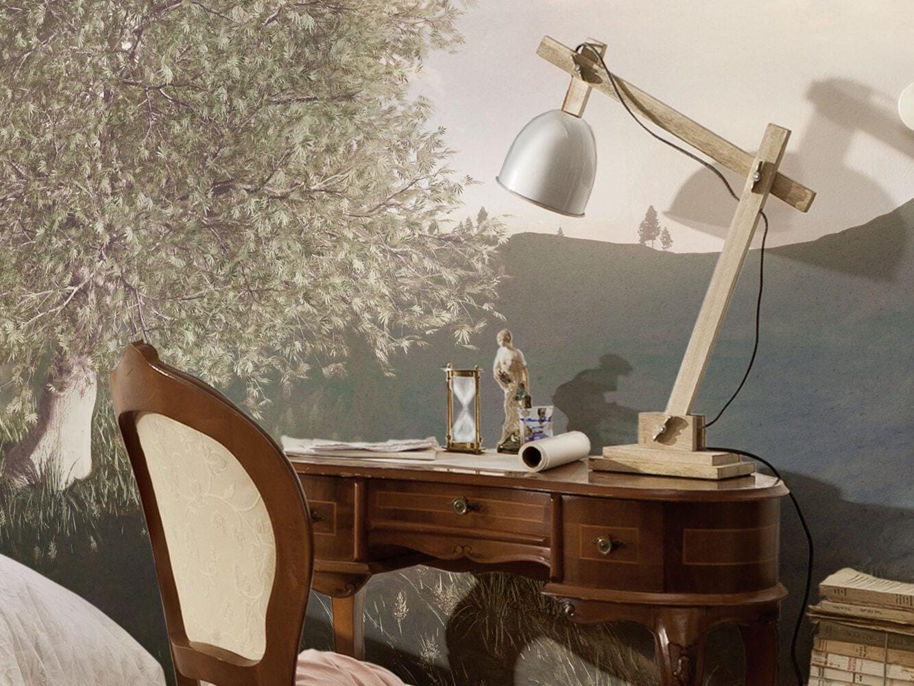 Wallpaper with Mountain and Big Plane Tree View, Tual Wallpaper, Nature Mural, Painting Wallpaper, Peel and Stick Wallpaper, Green Wallpaper