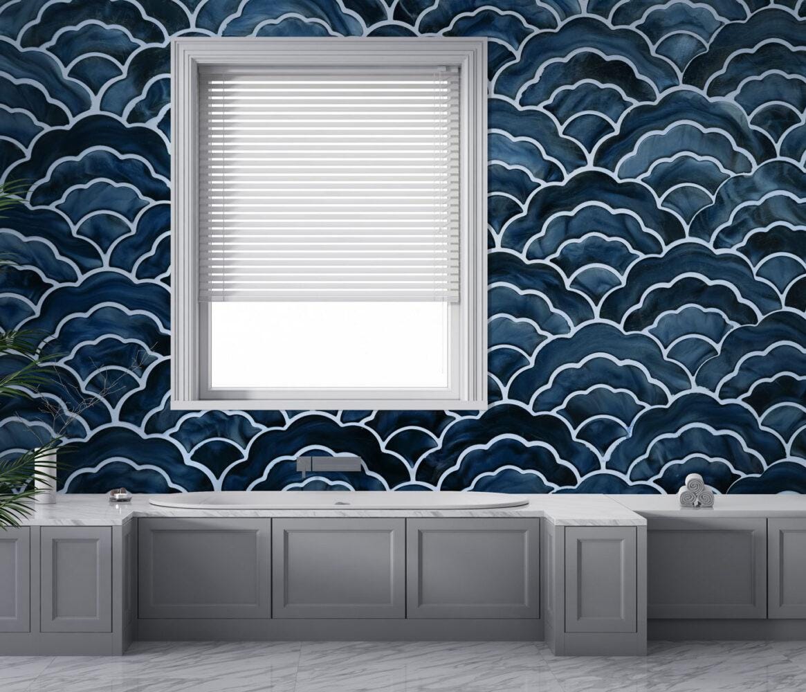 Ceramic Look Blue Wavy White Patterns Wallpaper, Peel and Stick Wallpaper, Stylish Room Design, Navy Blue Wallpaper, Tile Pattern Wallpaper