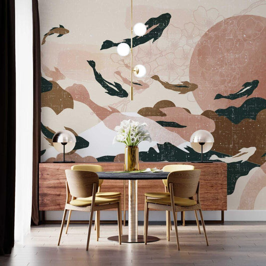Illustration Soft Fish and Sky Collage Wallpaper, Peel and Stick Wallpaper, Stylish Room Design, Pink Wallpaper, Abstract Pattern Wallpaper