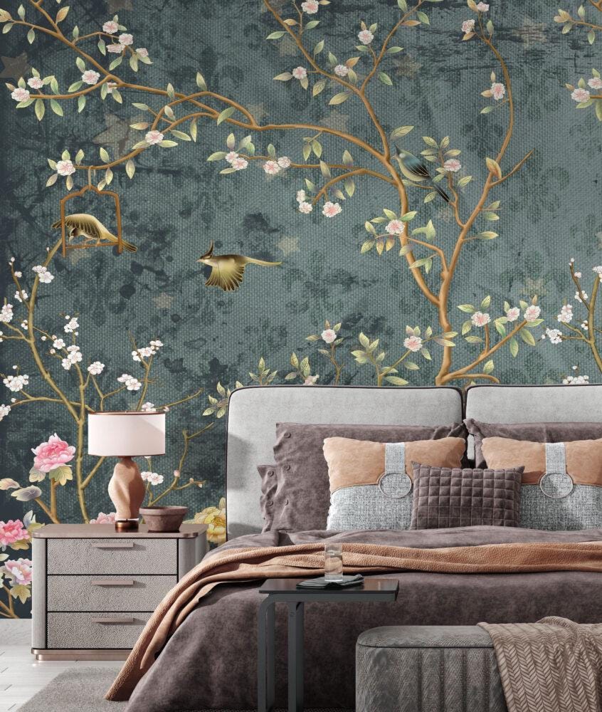 Chinese Motif Roses and Nightingale Wallpaper, Floral Wallpaper, Romantic Wall Mural, Peel and Stick Wallpaper, Green Drawing Wallpaper
