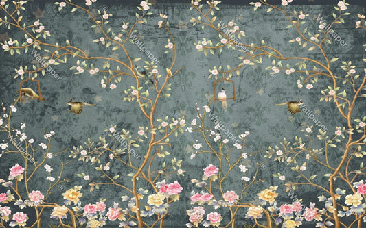 Chinese Motif Roses and Nightingale Wallpaper, Floral Wallpaper, Romantic Wall Mural, Peel and Stick Wallpaper, Green Drawing Wallpaper