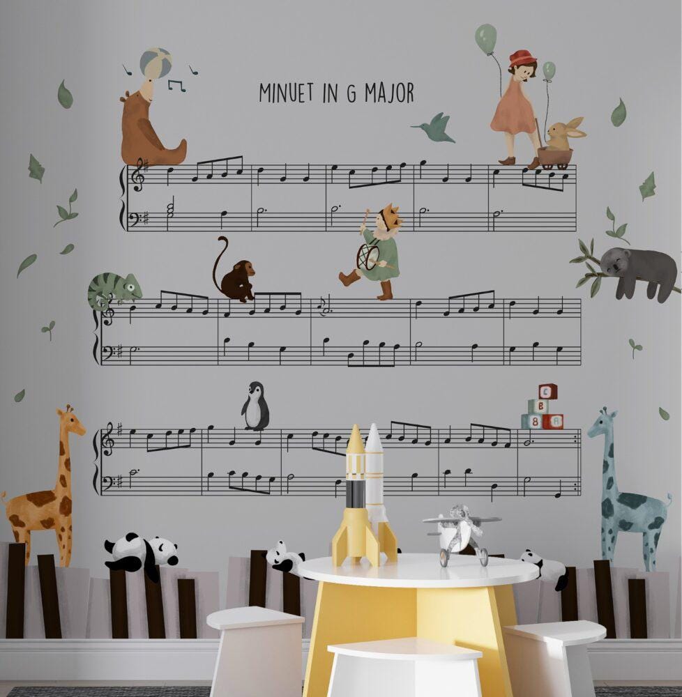 Animals on Musical Notes for Kids Room 3D Wallpaper, Funy Wallpaper Nursery, Child Wallpaper, Peel and Stick Wallpaper, Baby Room Wallpaper