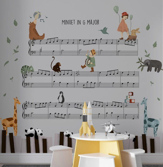 Animals on Musical Notes for Kids Room 3D Wallpaper, Funy Wallpaper Nursery, Child Wallpaper, Peel and Stick Wallpaper, Baby Room Wallpaper