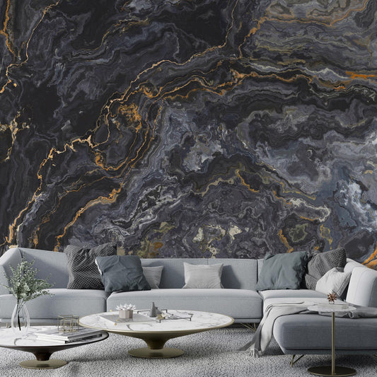 Black Marble and Gold Colored Moires Patterned Wallpaper, Design Abstract Peel and Stick Wallpaper, Modern Natural Looking Marble Wallpaper