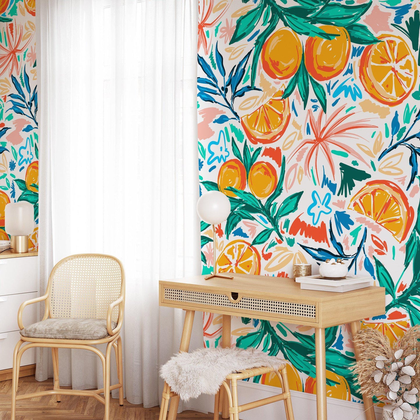 Orange and Tangerine Illustration Wallpaper, Citrus Fruit Floral Wallpaper, Romantic Kitchen Mural, Orchard Wallpaper, Orange Wallpaper