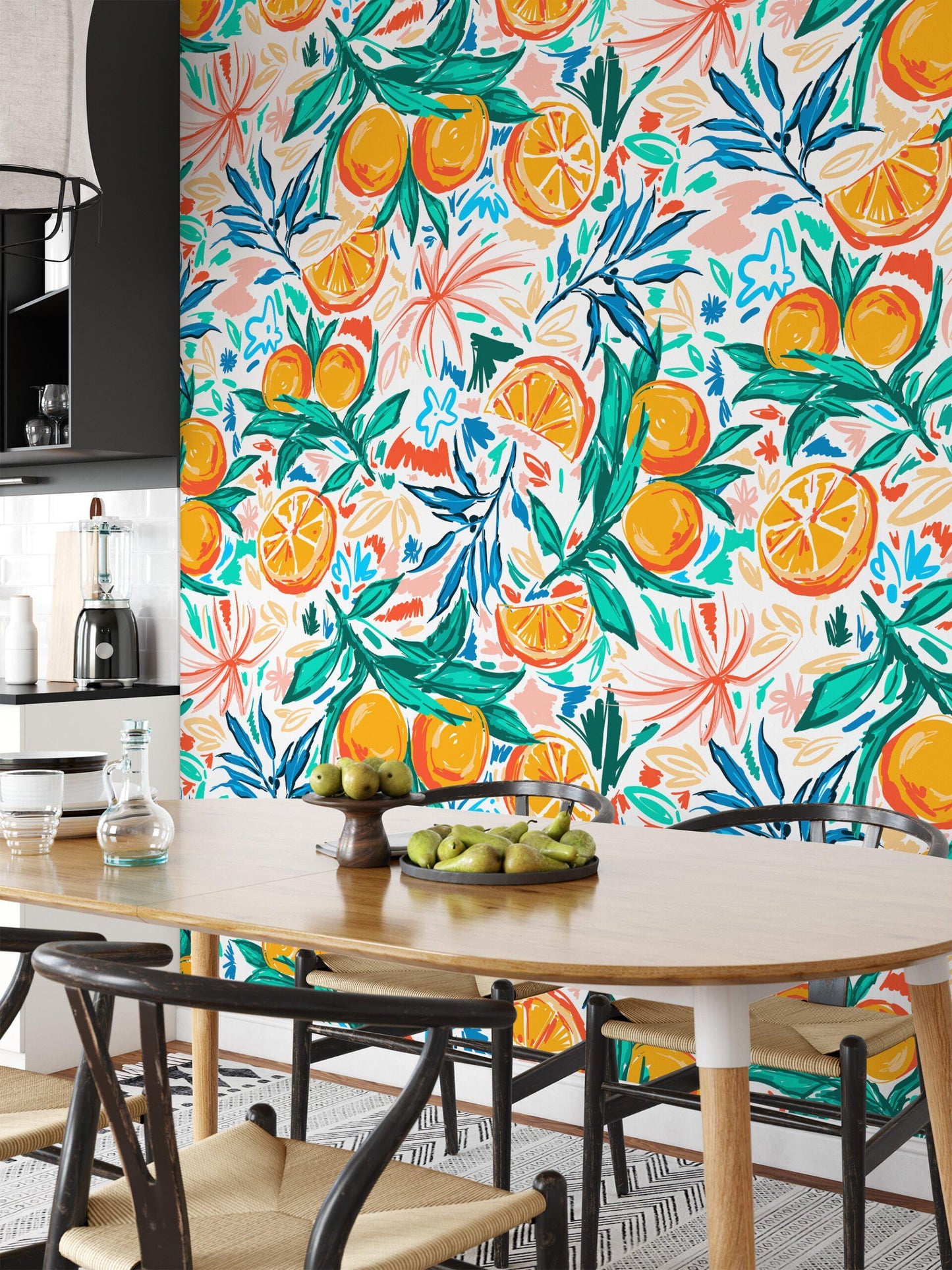 Orange and Tangerine Illustration Wallpaper, Citrus Fruit Floral Wallpaper, Romantic Kitchen Mural, Orchard Wallpaper, Orange Wallpaper