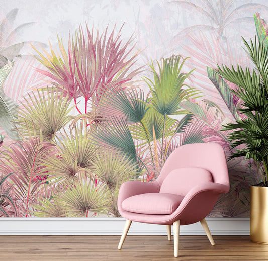 Pink and Green Botanical Wallpaper, Pastel Colored Tropical Leaves Wallpaper, Pink Forest Wallpaper, Exotic Plant Floral Wallpaper