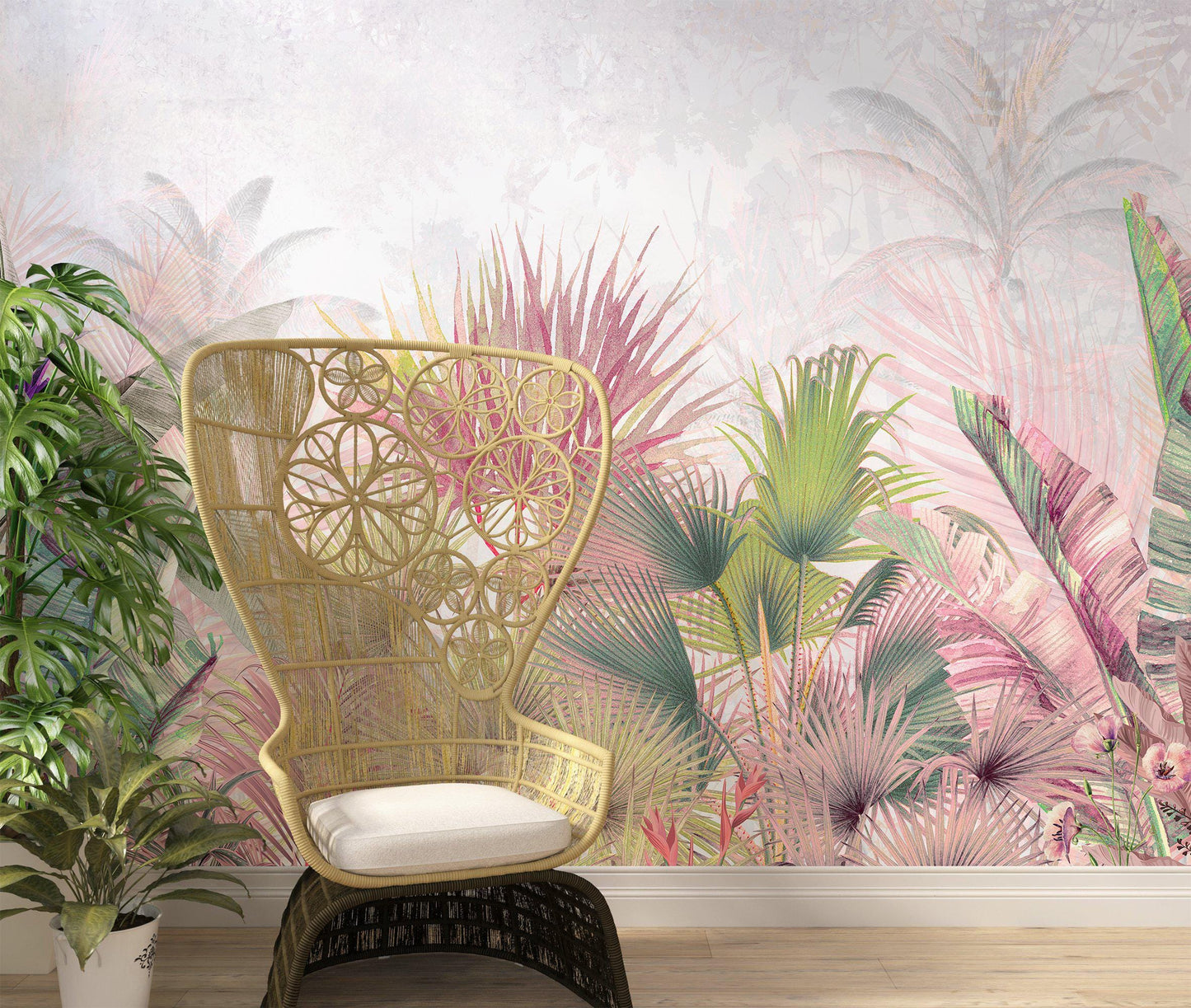 Pink and Green Botanical Wallpaper, Pastel Colored Tropical Leaves Wallpaper, Pink Forest Wallpaper, Exotic Plant Floral Wallpaper