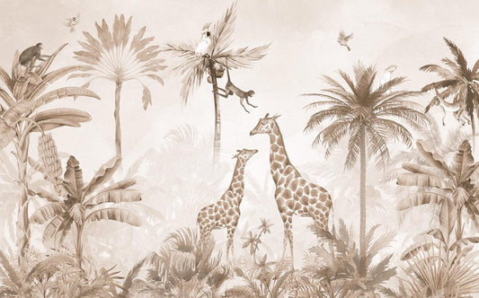 Animals and Tropical Tree in the Beige Jungle Wallpaper, Illustration Safari Kids Wallpaper, Giraffe Wallpaper Nursery, Beige Baby Wallpaper