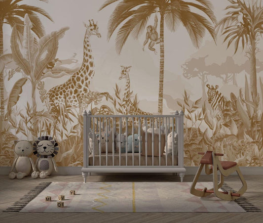 Animals and Tropical Tree in the Sephya Tone Jungle Wallpaper, Illustration Safari Kids Wallpaper, Giraffe Wallpaper Nursery, Baby Wallpaper