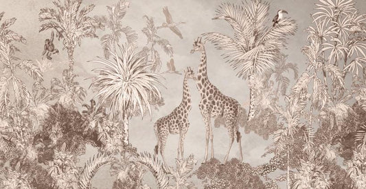 Animals and Tropical Tree in the Brown Tone Jungle Wallpaper, Illustration Safari Kids Wallpaper, Giraffe Wallpaper Nursery, Baby Wallpaper