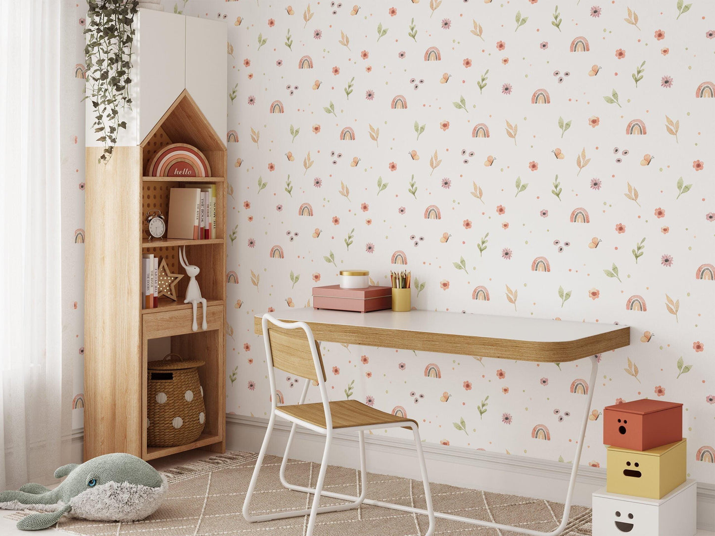 Colorful Minimal Flowers Girl Wallpaper, illustration Wallpaper Nursery, Peel Stick Watercolor Wallpaper, Rainbow Kids Wallpaper