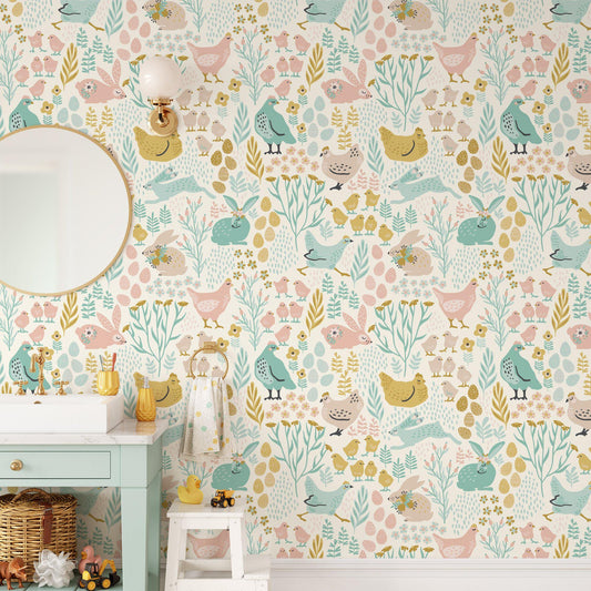 Easter Bunnies and Chicks Egg Pattern Wallpaper, Pastel Animal Themed Kids Room Wall Poster, Illustration Watercolor Girl Wallpaper Nursery